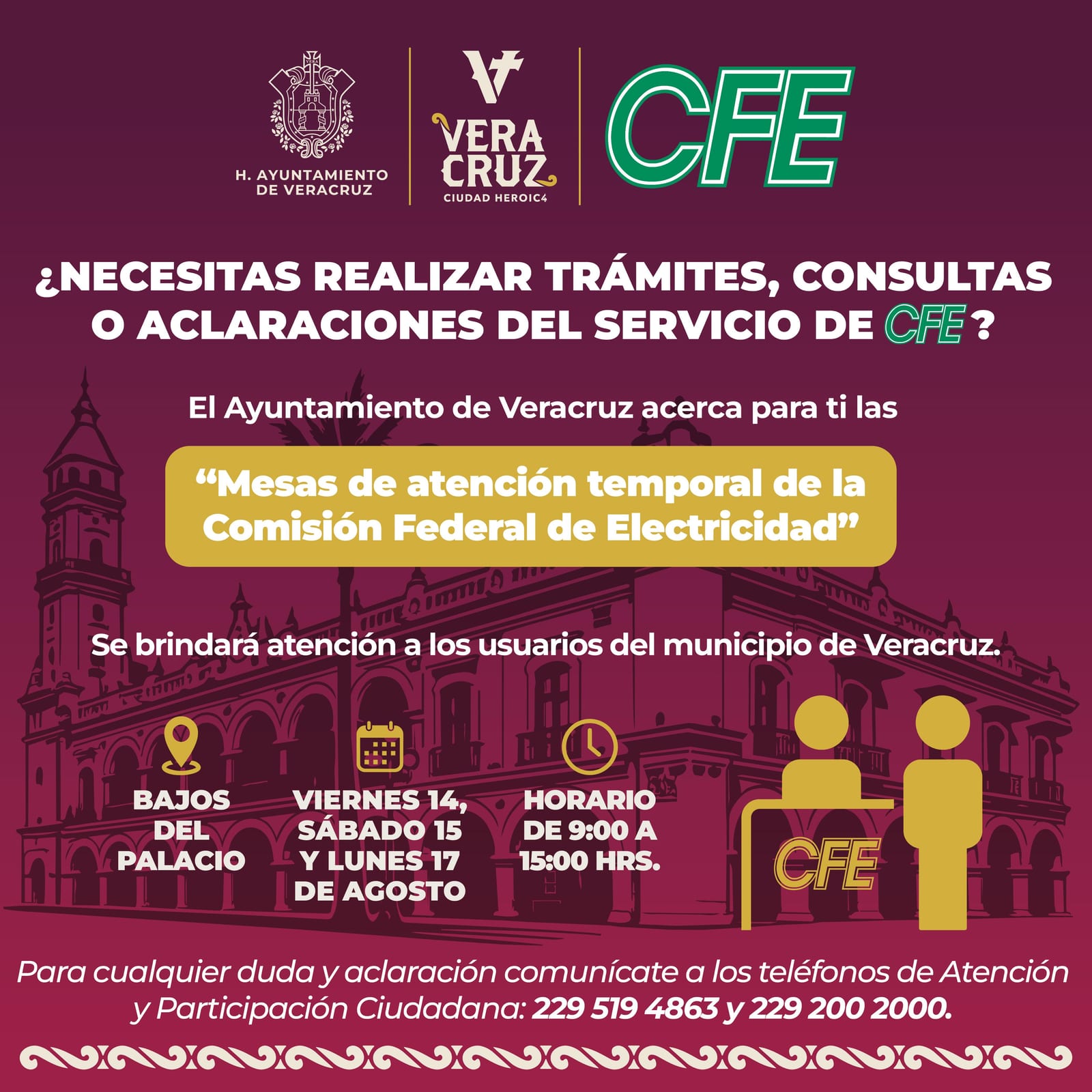 Acerca Ayuntamiento de Veracruz atención de CFE a las y los ciudadanos con módulo de asesorías